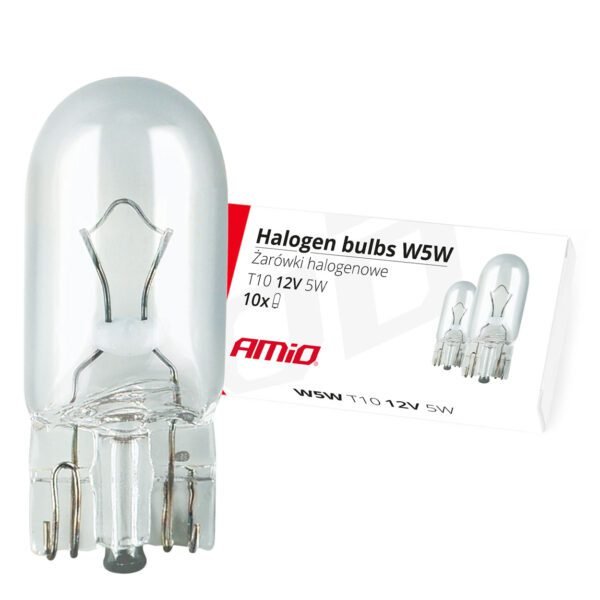 Amio – W5W T10 W2.1x9.5d 12V 5W Λαμπτήρας Αλογόνου Καρφωτός Άκαλυκος για Φώτα Θέσης Αυτοκινήτου Κουτί 10 Τεμ. (01483/AM)