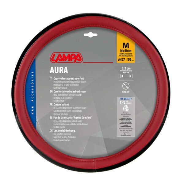 Lampa - Κάλυμμα Τιμονιού AURA  (M) 37/39cm Μαύρο ένθετο με γυαλάδα / Κόκκινο άοσμο μαλακό Skeentex - 1 τεμ. (L3290.9)