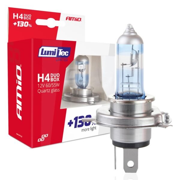 Amio – Λάμπες Αλογόνου H4 12V 60/55W P43t Lumitec Limited +130% έως 40m 4300K για Αυτοκίνητο & Μοτοσυκλέτα Σετ 2 Τεμ. (01405/AM)
